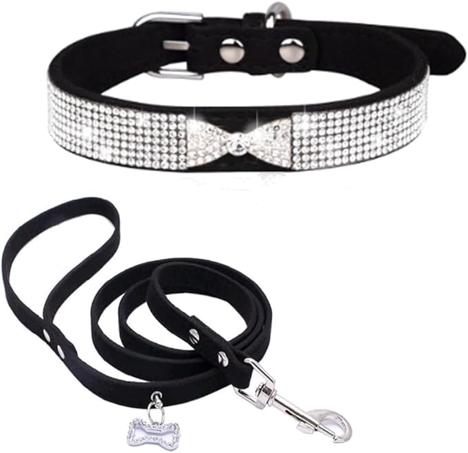 Diamond Dog Collars for Small Dogs, Rhinestone Puppy Collars with Leash, Sparkly Bling Jeweled Crystal Cat Collars for Girls Female XXS XS Small Medium Large Dogs Black M