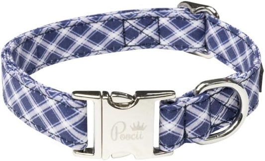 Durable Cotton Blend Dog Collar, Cute & Stylish, Adjustable with Metal Locking Clasp, Made in USA (Blue Plaid, Large)