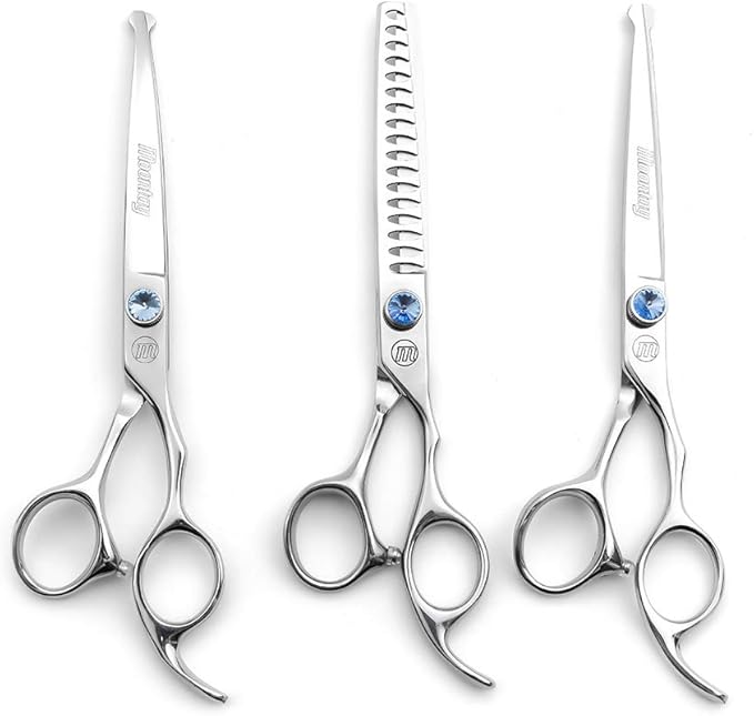 Moontay Professional Dog Grooming Straight, Curved, Thinning/Blending/Chunking Scissors Kit, JP-440C Stainless Steel Pet Cat Hair Cutting/Trimming Shears, Silver
