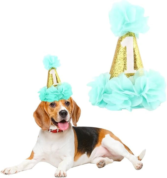 1st Pet Birthday Cone Hat Dogs Cats Holiday Party Hat Headwear Costume with Flowers Accessories and Adjustable Headband for Small Medium Dogs Cats Pets Baby (Blue)