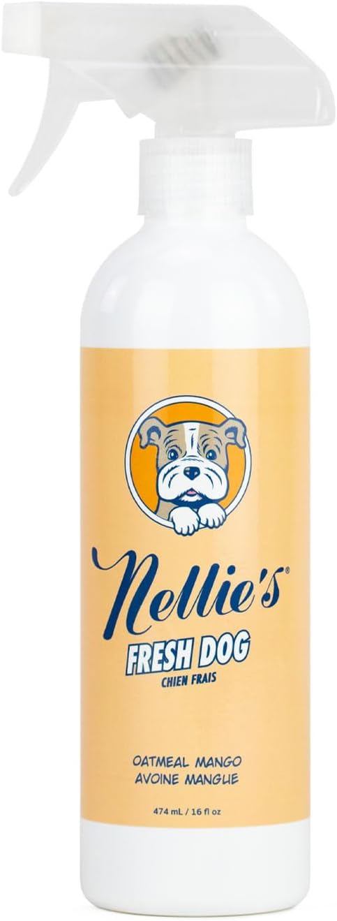 Nellie's Fresh Dog - Waterless Dog Shampoo - Oatmeal Mango Fragrance, Enzyme Blend, Plant-Based, and Non-Toxic - Ideal for All Dog Breeds, Long-Haired or Short - Eco-Friendly Grooming (16 fl oz)