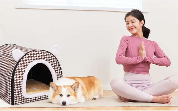 Dog Bed or Cat Bed,2 Ways to Use,Indoor Pet House with Fluffy Mat,Removable and Washable Cover,Non-Slip Bottom,for Cats and Small Dogs(M Brown Cranes)