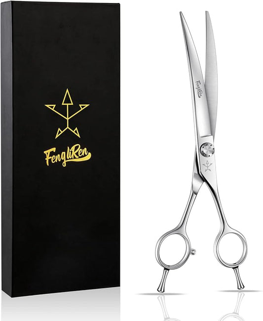 High-end Professional Dog Grooming Curved Scissors Pet Curved Shears 7.5 Inches Extremely Very Sharp Made Of Advanced Stainless Steel Alloy By Hand For Dog Cat And Horse Breeder