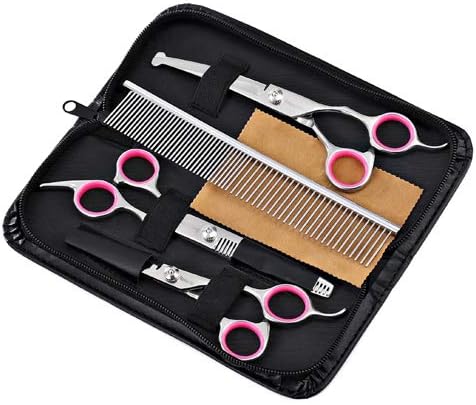 Dog Grooming Scissors Kit with Safety Round Tip, Heavy Duty Stainless Steel Dog Scissors Set Include Straight Scissors, Curved Scissors, Thinning Shears and Comb for Dog Cat Hair Care