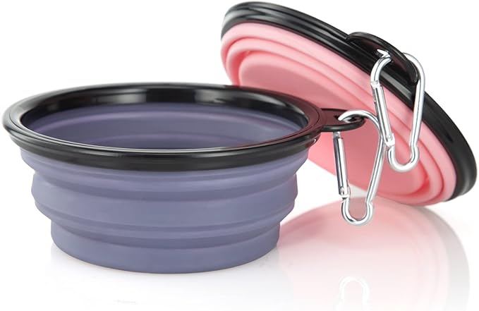 Dog Bowl Pet Collapsible Bowls, 2 Pack Collapsible Dog Water Bowls for Cats Dogs, Portable Pet Feeding Watering Dish for Walking Parking Traveling with 2 Carabiners (Small, Purple+Fairy Pink)