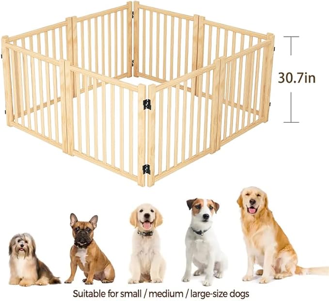 Ball & Cast 31" Wooden Freestanding Dog Gate with 360° Folding Hinges,8-Panel U/Z-Shaped Adjustable Pet Fence for Doorways & Stairs,Indoor Step-Over Barrier,Apartment,Living Room,Natural