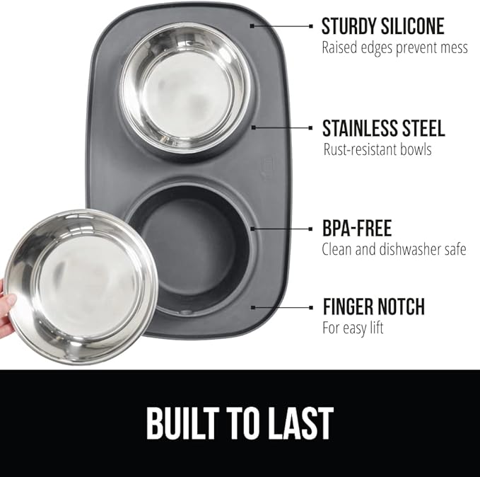 GORILLA GRIP Patent Pending 100% Waterproof BPA Free 3 Cup Cat and Dog Bowls Silicone Feeding Mat Set, Stainless Steel Bowl Slip Resistant Raised Edges, Catch Water, Food, Pet Accessories, Gray