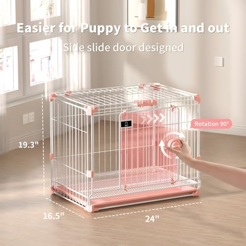 Dog Crate for Small Dogs Under 25lbs,24 inch Pink Thick Metal Dog Kennel Indoor Wire Cage with Double Door and Removable Tray for Pets,Puppy and Animal