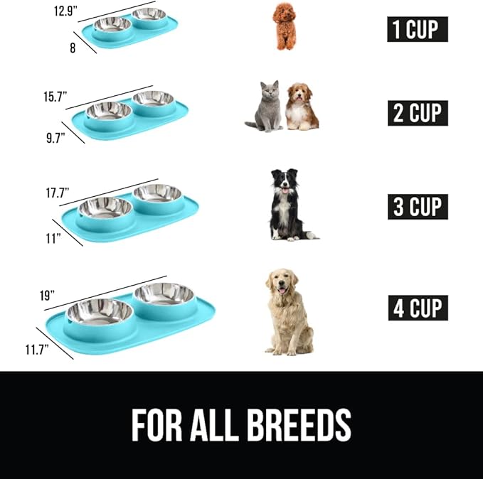 GORILLA GRIP Patent Pending 100% Waterproof BPA Free 4 Cup Cat and Dog Bowls Silicone Feeding Mat Set, Stainless Steel Bowl Slip Resistant Raised Edges, Catch Water, Food, Pet Accessories, Turquoise