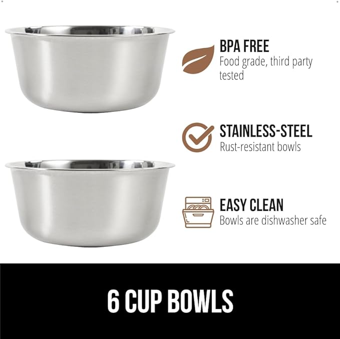 GORILLA GRIP Elevated Dog Bowls Stand, 6 Cup Stainless Steel Food Bowl Set of 2, 5 Height Adjustable Raised Feeding Station for Small Breed Puppy Dogs and Cats, Medium, Large Sized Pets Feeder, Black