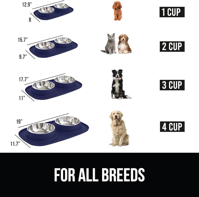 GORILLA GRIP Patent Pending 100% Waterproof BPA Free 3 Cup Cat and Dog Bowls Silicone Feeding Mat Set, Stainless Steel Bowl Slip Resistant Raised Edges, Catch Water, Food, Pet Accessories, Navy Blue