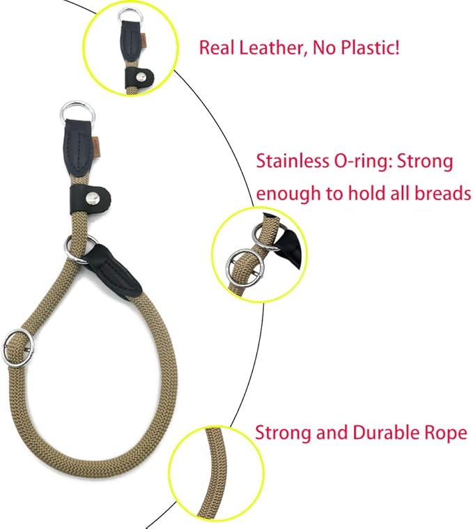 Braided Rope Collar, Training Dog Collar, Round Martingale Collar, Slip Collar with Adjustable Stopper and Slidable Stop Ring - Ideal for Small Dogs (S(1/4") - 14" Long, Khaki)