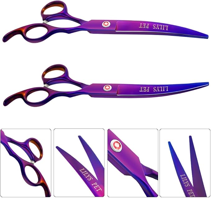 LILYS PET Professional PET DOG Grooming Coated Titanium scissors suit Cutting&Curved&Thinning shears (8.0 inches, Purple)…