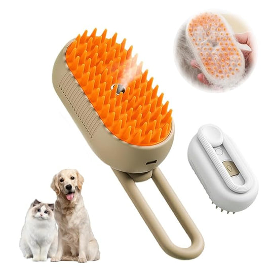 Cloud Care 3-in-1 Steam Brush for Cat/Dog Shedding - Rechargeable Anti-Static Grooming Tool with Adjustable Steam & Self-Cleaning - Detangles Long/Short Hair + Massage Function (Khaki)