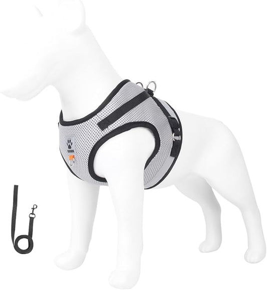 leconpet Dog Harness and Leash Set, Reflective Step in Harness Vest Set-Hook and Loop Fasteners and Buckle Design Combined with Double D Ring on The Back and Chest Ring (Grey, XL)