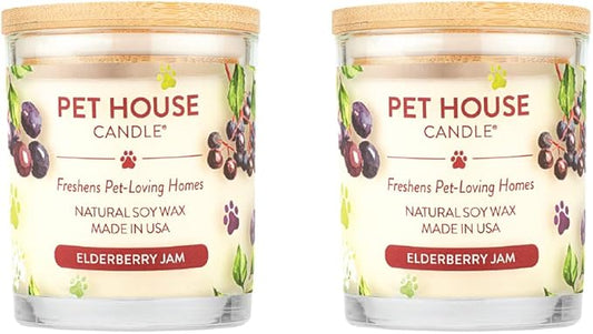 One Fur All Pet House Candle 2 Pack - Plant-Based/Soy, Long Lasting Pet Odor Candle for Home - Elderberry Jam