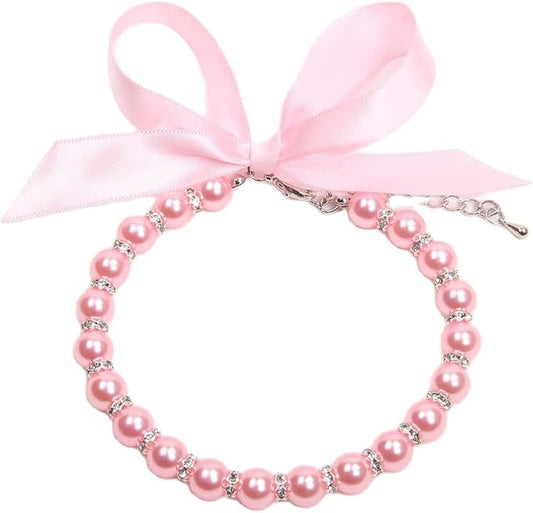 Dog Cat Pearls Necklace Collar with Bling Accessories and Ribbon Bow Pet Puppy Jewelry for Female Dogs Cats Small Medium (XL, Pink)