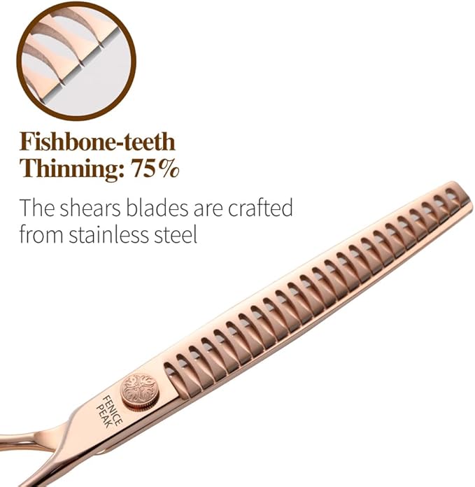 Fenice Peak Champagne Gold Dog Grooming Scissors Set - Curved & Straight Thinning & Chunker Shears, Rose Gold 4PCS Grooming Scissors Kit for Dogs & Cats