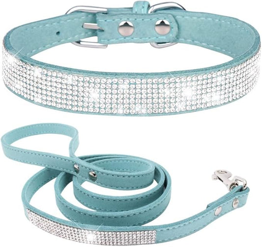 Bling Small Dog Collar Leash Set, Puppy Collar with Rhinestone Crystal Diamond Glitter Female Girls Cat Collars for XXS XS Small Medium Large Dogs Chihuahua Poodle Yorkshire (Light Blue XL)