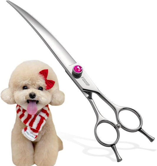 Curved Dog Grooming Scissors 7.5 inch Professional Curved Shears Dog Grooming for Poodle Large Dog Pet 30 Degree Japanese 440C Right Handed Super Sharp Purple Diamond(7.5,Curved)