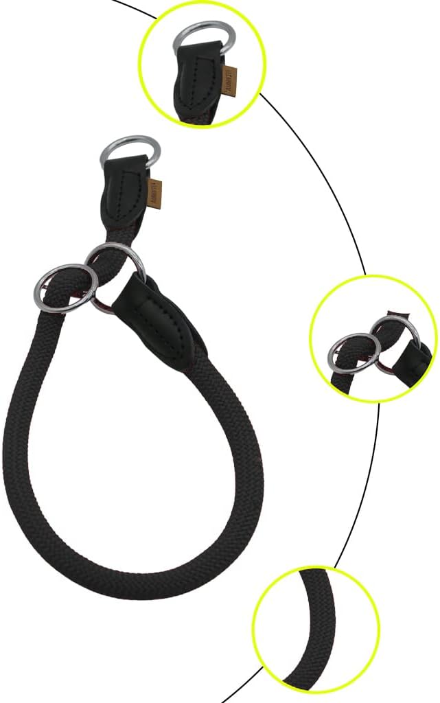 Braided Rope Collar, Pro Training Dog Collar, No Pull Round Martingale Collar, Slip Collar with Slidable Stop Ring - Ideal for Large Dogs (XL(1/2") - 26" Long, Black)