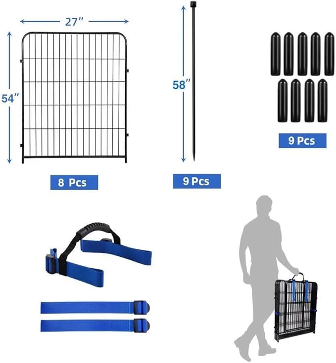 ADAVIN Tall Garden Fence Animal Barrier, 54 in(H) Dog Fence Outdoor for Yard, Wide Door Low Threshold 8 Panels Total 17.7 Ft(L) Dog Fencing,Temporary Fence for Medium/Large Pets（No Gate）