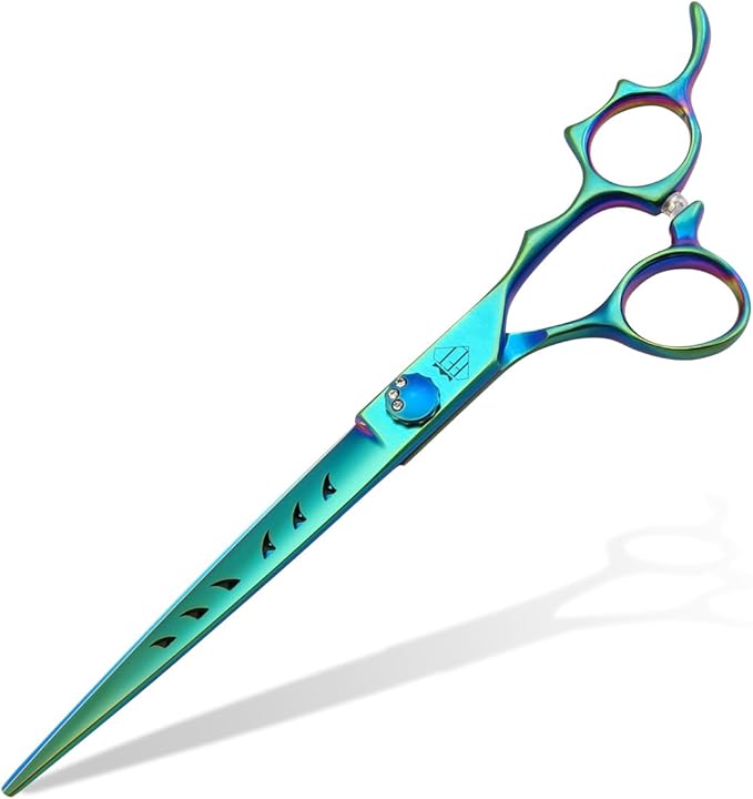 Dog Grooming Scissors: 7" Straight Pet Shears Skeletonized blade Made Of Japanese 440C for Trimming Dogs Cats and Other Pets Green