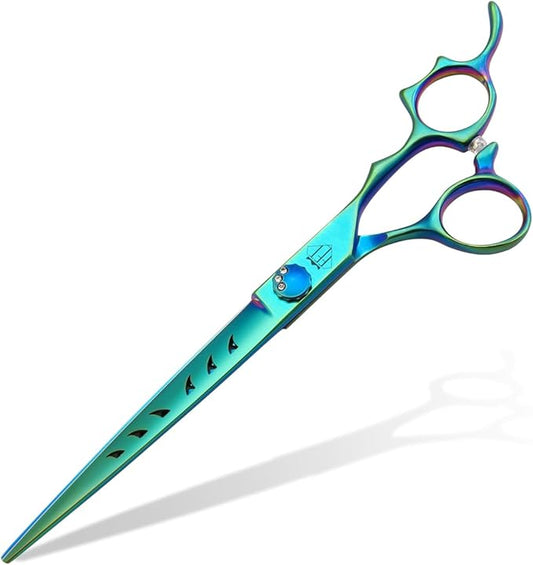 Dog Grooming Scissors: 7" Straight Pet Shears Skeletonized blade Made Of Japanese 440C for Trimming Dogs Cats and Other Pets Green