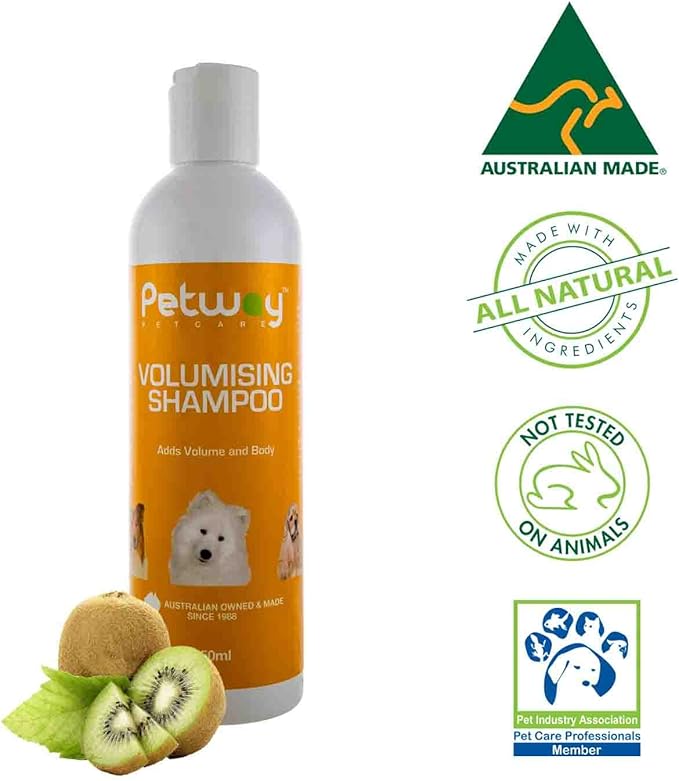 Petcare Volumizing Shampoo For Dogs, Adds Volume and Body to the Hair Shafts, Moisturizes and Hydrates Skin For a Perfect Shine And Luster, Kiwi Fruit Fragrance, Free of Soap, Phosphates, 250ml