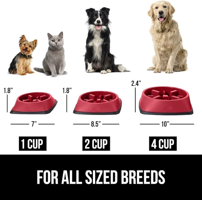 Gorilla Grip Slow Feeder Dog and Cat Bowls, Interactive Puzzle Toy for Dogs and Cats Food Training, Keeps Pets Busy and Prevents Puppy Overeating, Large, Small Breeds, 100% BPA Free, 2 Cup Red