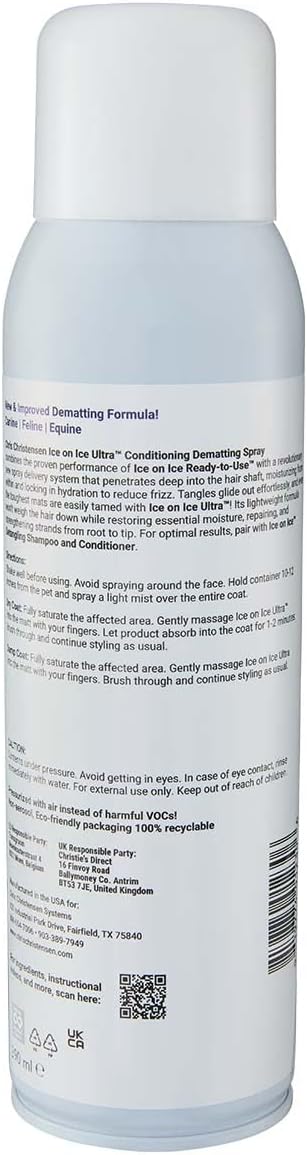 Chris Christensen Jelly Pet Slicker Brush Conditioning Spray Grooming Bundle - Universal Slicker Brush, Soft Pins, Large, Purple - Ice on Ice Ultra Conditioning Dematting Spray,Made in USA, 13.2oz