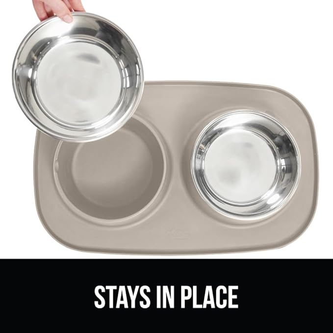 GORILLA GRIP Patent Pending 100% Waterproof BPA Free Cat and Dog Bowls Silicone Feeding Mat Set, Stainless Steel Bowl Slip Resistant Raised Edges, Catch Water, Food, Pet Accessories, 2 Cup, Beige