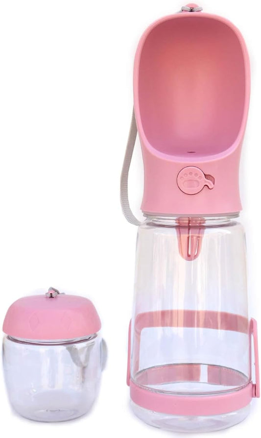 Dog Water Bottle with Food Container Holder, Travel Puppy Drinking Bowl, Portable Pet Water Dispenser, Patented Design, Food Grade Plastic 19 oz Water Bottle+100g Snack cans