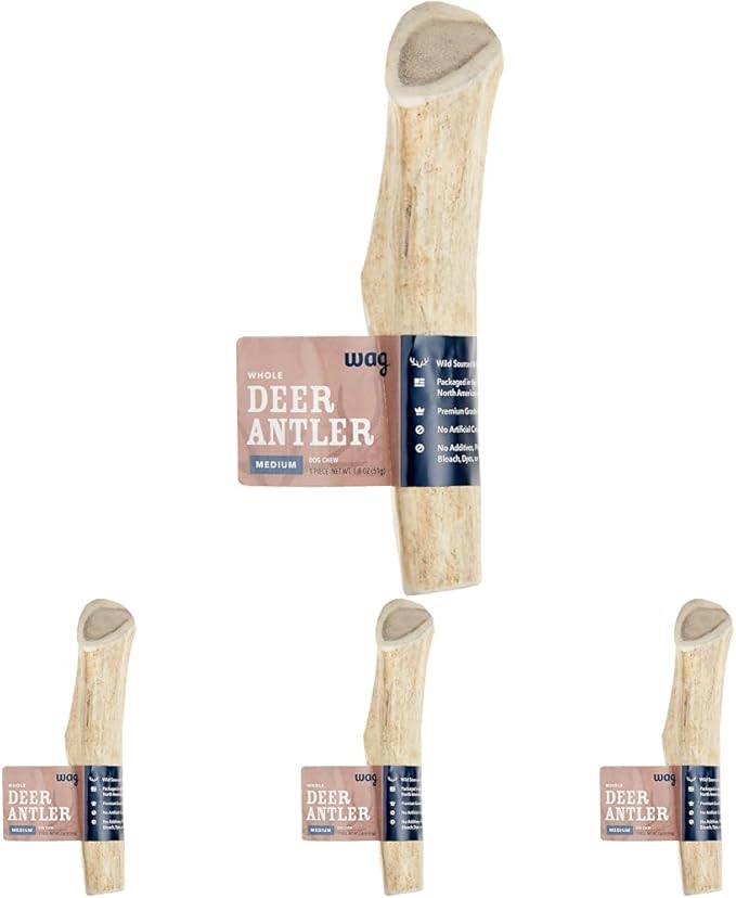 Amazon Brand - Wag Deer Antler Chew for Dogs, Naturally Shed, Whole, Medium 6-7.5 inches, Best for Dogs 15-30 lbs, 1.80 Ounce (Pack of 4)