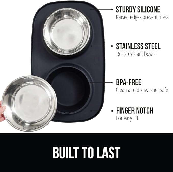 GORILLA GRIP Patent Pending 100% Waterproof BPA Free Cat and Dog Bowls Silicone Feeding Mat Set, Stainless Steel Bowl Slip Resistant Raised Edges, Catch Water, Food, Pet Accessories, 2 Cup, Black