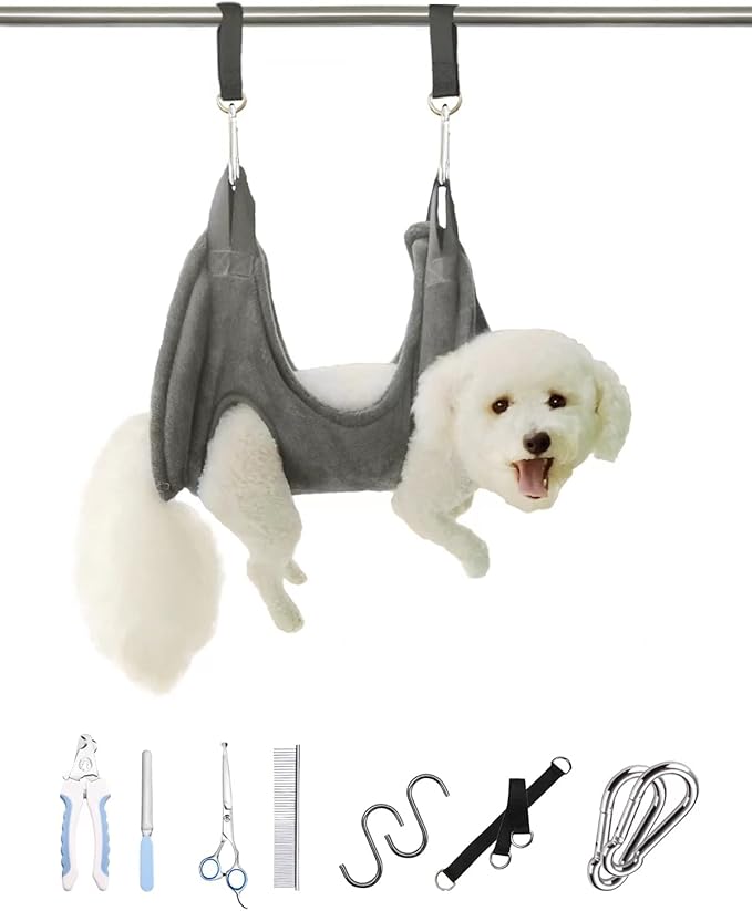 Dog Grooming Harness, Multifunctional Cats and Dogs Grooming Hammock, Pet Beauty Assistant, Nail Scissors/Nail Trimmer/Round Head Scissors (Large, grey)