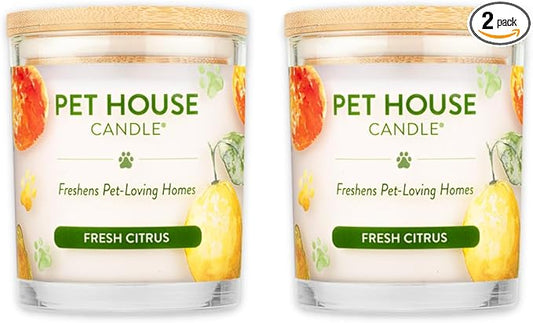 One Fur All Pet House Candle 2 Pack - Plant-Based/Soy Candle - Clean Burning Scented Candles, Long Lasting Pet Odor Candle for Home - Fresh Citrus