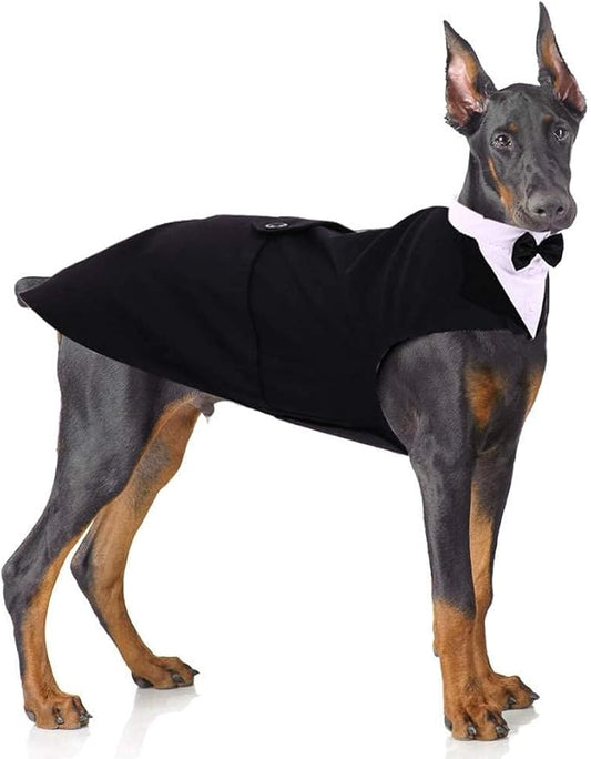 PUMYPOREITY Dog Tuxedo and Bandana Set, Formal Gentleman Dog Attire with Bowtie for Wedding, Birthday, Christmas, 2 Pieces/Pack, 2XL, Black