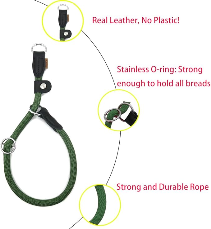 Braided Rope Collar, Training Dog Collar, Round Martingale Collar, Slip Collar with Adjustable Stopper and Slidable Stop Ring - Ideal for Medium Dogs (M(1/3") - 18" Long, Dark Green)