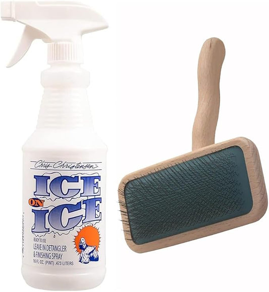 Chris Christensen Detangle and Finishing Bundle: Ice on Ice Detangler - Adds Elasticity & Strength, Mark III Slicker Brush with Stainless Steel Pins