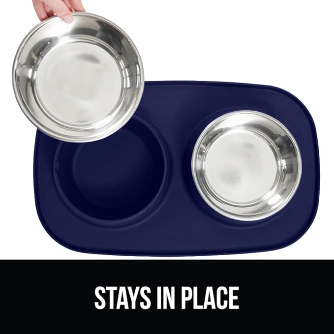 GORILLA GRIP Patent Pending 100% Waterproof BPA Free Cat and Dog Bowls Silicone Feeding Mat Set, Stainless Steel Bowl Slip Resistant Raised Edges, Catch Water, Food, Pet Accessories, 2 Cup, Navy Blue