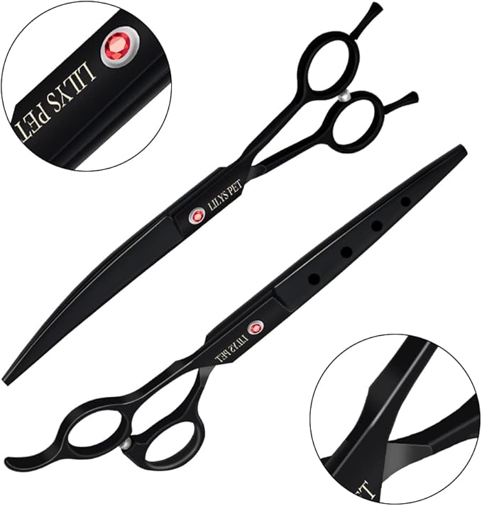LILYS PET Professional PET DOG Grooming scissors Cutting&Curved&Thinning shears,Round Hole Design, Shark Teeth Thinning scissor (7", Black)