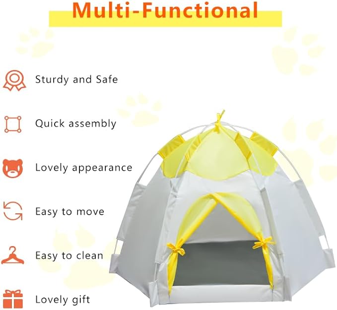 Outdoor Pet Curtain Camping Tent, Pop up Cave Bed for Indoor Cats and Small Dogs, Portable Cat House Dog House, Yellow.