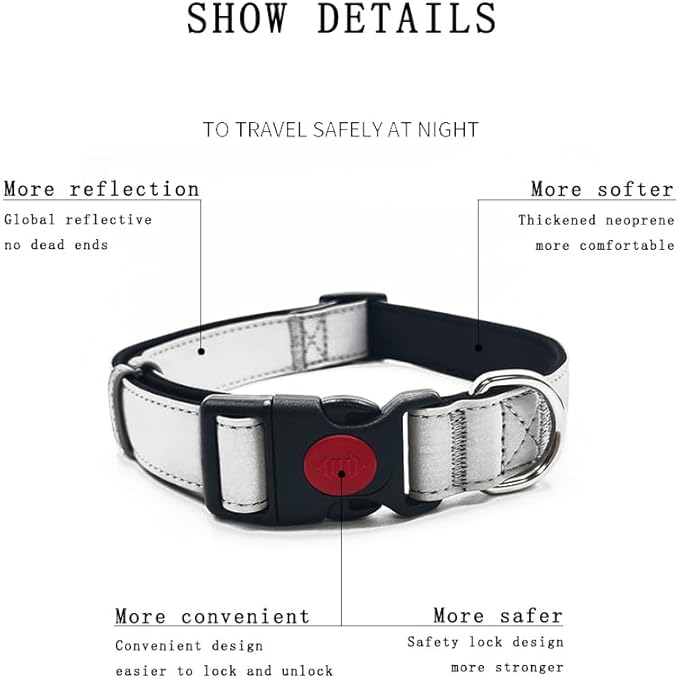 Reflective Dog Collar Soft Neoprene Padded Breathable Nylon Pet Collar Adjustable for Small Medium Large Dogs (Silver, S)