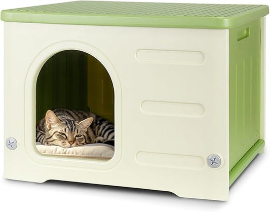 Outdoor Pet Kennels House – Waterproof & Insulated Shelter for Feral Cats & Dogs, Weatherproof Elevated Pet House for Outdoor/Indoor Use, Sturdy Plastic Pet Bed, Easy Assembly