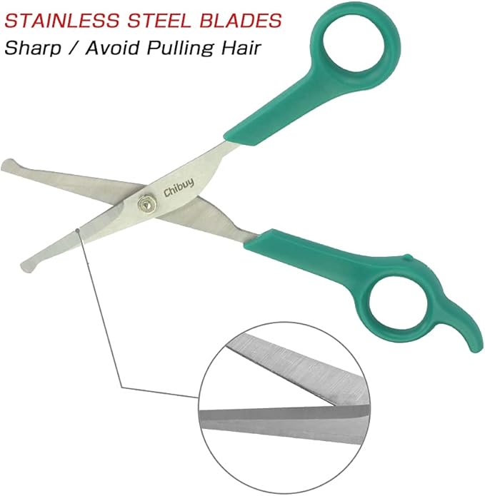 Chibuy Professional Pet Grooming Scissors with Round Tip Stainless Steel Dog Eye Cutter for Dogs and Cats, Professional Grooming Tool, Green, Size 6.70" x 2.6" x 0.43"