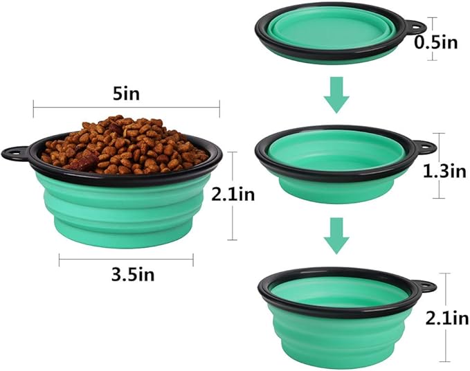 SLSON Collapsible Pet Bowl Dog Bowls 2 Pack, Portable Silicone Pet Feeder, Foldable Expandable for Dog/Cat Food Water Feeding, Travel Bowl for Camping (Light Blue+Light Green)