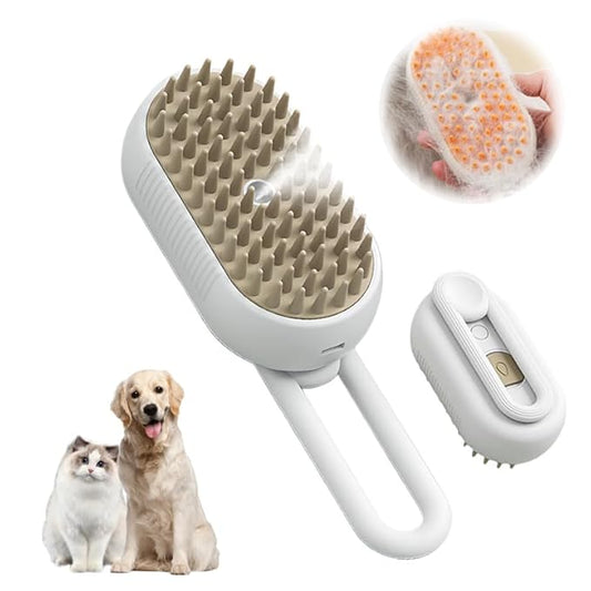 Cloud Care 3-in-1 Steam Brush for Cat/Dog Shedding - Rechargeable Anti-Static Grooming Tool with Adjustable Steam & Self-Cleaning - Detangles Long/Short Hair + Massage Function (White)