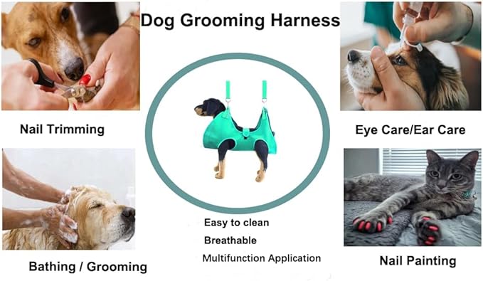 Dog Grooming Hammock with Flea Comb and Dog Nail Clipper, Pet Dog Grooming Hammock Harness with Cat Nail Clipper, Nail File and Dog Brush, Dog Sling for Nail Clipping/Nail Trimming (S, Green)
