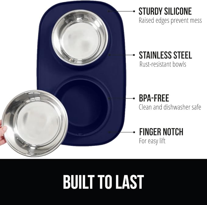 GORILLA GRIP Patent Pending 100% Waterproof BPA Free 4 Cup Cat and Dog Bowls Silicone Feeding Mat Set, Stainless Steel Bowl Slip Resistant Raised Edges, Catch Water, Food, Pet Accessories, Navy Blue